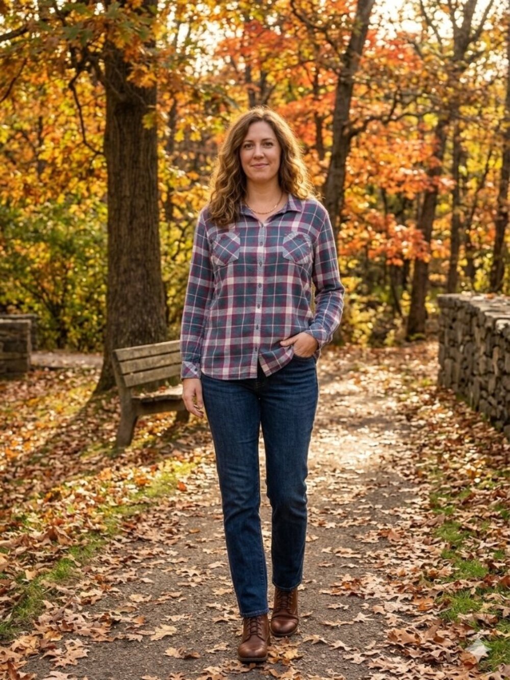 Womens Natural Reflections Fall Red & Green Plaid Button-Down Shirt XXL